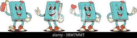 Mascotte de livre bleu joyeuse dans le style de dessin animé faisant des actions ludiques comme tenir de la limonade, montrer le cœur, le geste rock et les pouces vers le haut. Idéal pour l'éducation Illustration de Vecteur