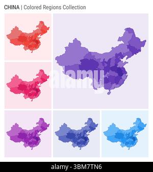 Collection de cartes de la Chine. Forme de pays avec régions colorées. Violet foncé, rouge, rose, violet, indigo, palettes de couleurs bleues. Illustration de Vecteur