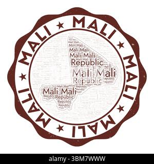 Logo Mali. Badge de pays étonnant avec nuage de mots en forme de Mali. Emblème rond avec le nom du pays. Illustration vectorielle impressionnante. Illustration de Vecteur