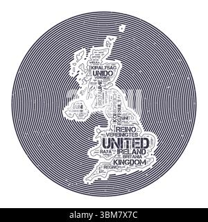 Image vectorielle du Royaume-Uni. Logo rond de pays. Affiche du Royaume-Uni en arcs de cercle et style nuage de mots. Illustration vectorielle artistique. Illustration de Vecteur