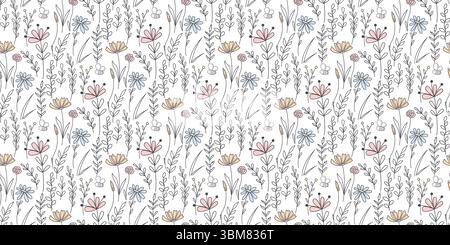 Motif botanique sans couture de fleurs sauvages. Fond rustique avec des fleurs, des herbes et des brindilles style d'esquisse doodle. Imprimé Cottagecore pour textile, tissu Illustration de Vecteur