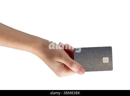 Carte bancaire en main, présentant une carte de débit ou de crédit pour un paiement sécurisé. Représentant la finance moderne, les achats et les transactions sans espèces. Gros plan de c Banque D'Images