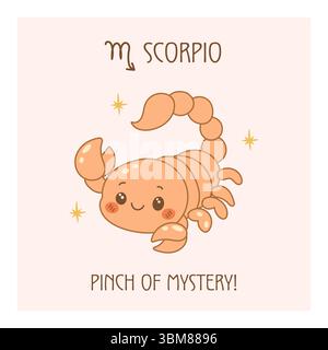 Jolie affiche de Scorpion sur le thème de l'astrologie avec scorpion de dessin animé souriant, étoiles et texte ludique Pinch of Mystery Illustration de Vecteur