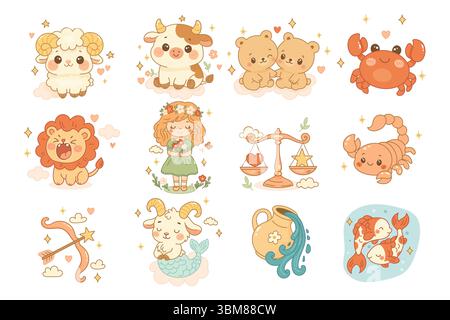 Tous les 12 personnages de signe du zodiaque illustrés comme des animaux adorables et des enfants dans un style kawaii pastel doux, sur fond blanc, look très ludique. Illustration de Vecteur