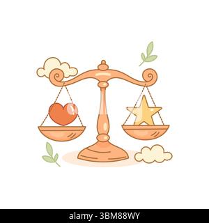 Signe du zodiaque mignon Libra avec balances tenant un cœur et une étoile. Le style de dessin animé doux représente l'équité et l'harmonie. Illustration de Vecteur