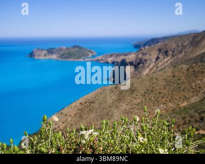 Large vue panoramique sur le paysage côtier de Céphalonie près de la baie d'Assos sous un ciel clair. Banque D'Images