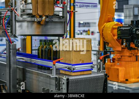 Boîtes en carton sur le tapis roulant concept de système de transport de colis Banque D'Images