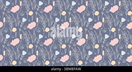 Motif floral délicat sans couture dans le style provençal. Silhouette blanche de fleurs sauvages et d'herbes sur fond de lavande. Imprimé coton botanique Illustration de Vecteur