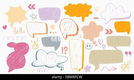 Collection de bulles de discours de crayon dessinée à la main dans un style esquissé coloré. Différentes formes de nuages et de coeurs, étoiles et ballons de texte avec texture griffonnée pour des messages ludiques et des dessins d'enfants. Illustration de Vecteur