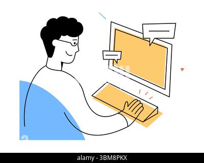Un homme souriant travaille au clavier d'ordinateur dans l'espace de travail numérique moderne, représentant la communication en ligne, l'édition créative et la technologie Illustration de Vecteur