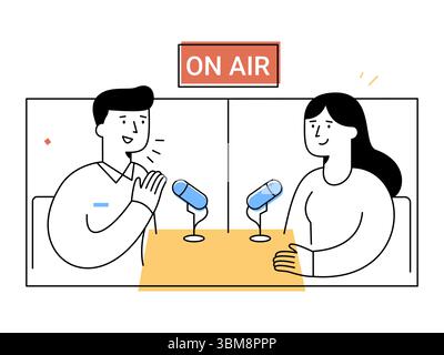 Un animateur de radio et un invité s'assoient à table avec des microphones s'engageant dans une interview animée en studio, représentant la communication de diffusion et le podcast Illustration de Vecteur