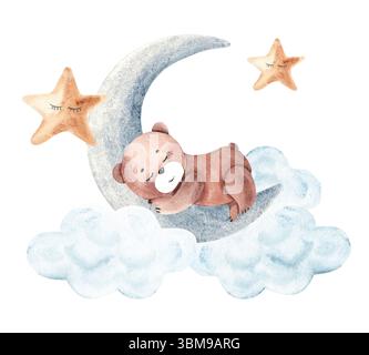 Aquarelle Cute Teddy Bear dort sur la lune avec des nuages et des étoiles. Illustration de bonne nuit dessinée à la main dans un style vintage. Banque D'Images