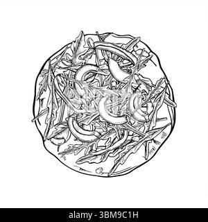 Tortilla ou pizza avec roquette, tranches d'avocat, haricots et illustration d'encre d'art de ligne de maïs en noir et blanc. Farine de maïs monochrome tortill mexicain Illustration de Vecteur