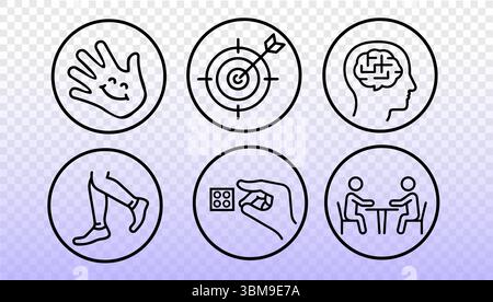 Jeu d'icônes de développement de la petite enfance. Activités d'éducation motrice fine apprentissage des enfants. Jeux d'école maternelle préscolaire. Icônes de ligne noire allumées Illustration de Vecteur