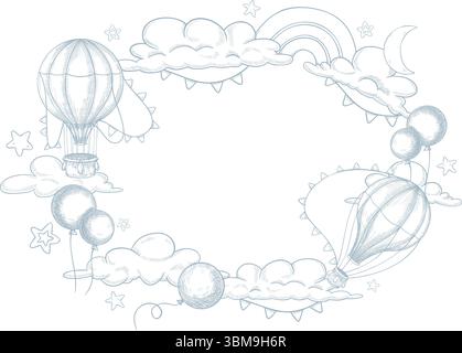 Illustration de cadre vectoriel avec des ballons à air chaud, des nuages, des montagnes et des arcs-en-ciel dans le style de gravure de contour. Dessin linéaire avec aérostats pour carte de voeux de douche de bébé ou invitation d'anniversaire enfantine Illustration de Vecteur