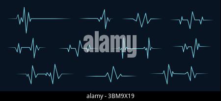 Ensemble de rythme cardiaque, électrocardiogramme, ECG - signal ECG, conception de ligne d'impulsion de battement cardiaque isolé sur fond noir Illustration de Vecteur