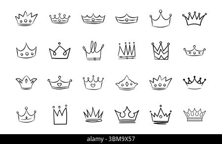 Griffonner les couronnes. Dessin de couronne de roi ou de reine d'art au trait, ensemble de conception de couronne. Illustration de Vecteur