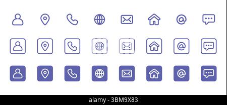 Jeu d'icônes Contactez-nous. Carte de visite, contenant l'utilisateur, le téléphone, le site Web, l'emplacement, adresse, téléphone, courrier, fax, signe de symbole pour les applications et le site Web, Illustration de Vecteur