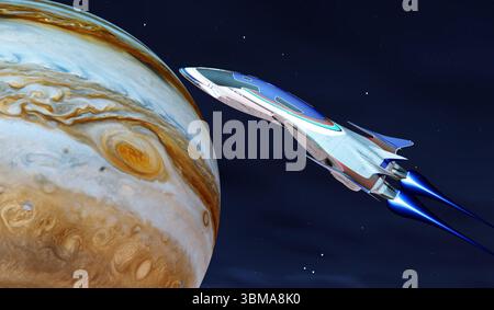 Un starcraft orbite autour de la planète Jupiter en mission dans l'espace. Banque D'Images