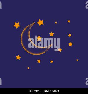 Illustration du ciel nocturne. Symbole du croissant de lune. Vecteur étoiles dorées. Fond bleu foncé. Illustration de Vecteur