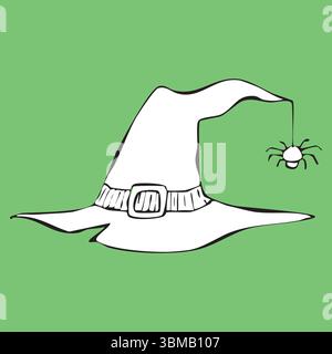 Un chapeau de sorcière dessiné à la main avec une araignée et une toile. Illustration de Vecteur