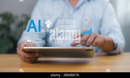 Personne utilisant une tablette pour les concepts d'agent d'IA, présentant des outils d'assistant d'intelligence artificielle, apprentissage automatique, automatisation, chatbots, analyse de données, Banque D'Images
