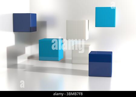 Six cubes brillants flottent au-dessus du sol blanc réfléchissant dans un studio de rendu 3D minimaliste Banque D'Images