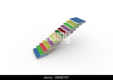 Rendu 3D minimal montrant des livres colorés formant escalier diagonal sur plan blanc, espace de copie Banque D'Images