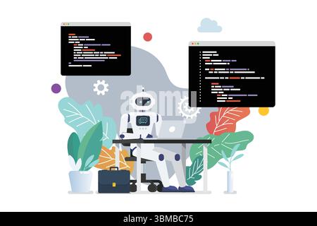 Programmeur Android écrivant du code sur ordinateur portable. Illustration vectorielle Illustration de Vecteur
