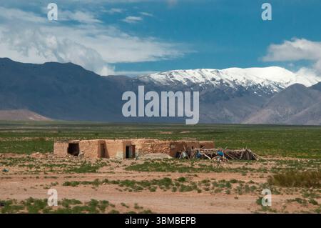 Paysages d'un Road trip marocain à la fin du printemps, passant sous les montagnes enneigées du Haut Atlas, au nord d'Erfoud Banque D'Images