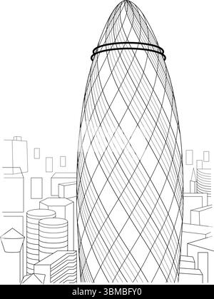 Une illustration épurée et minimaliste en noir et blanc représentant la forme distinctive de 30 St Mary axe, largement reconnue comme le Gherkin, dans le h. Illustration de Vecteur
