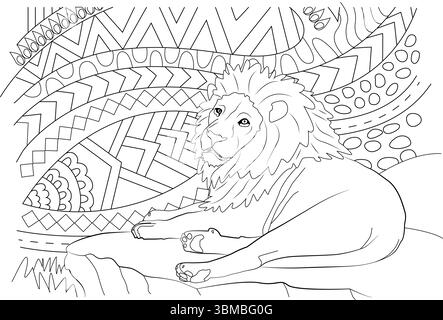 Illustration détaillée d'art vectoriel mettant en vedette un lion mâle puissant avec une magnifique crinière, montré relaxant sur une formation rocheuse. L'arrière-plan est co Illustration de Vecteur