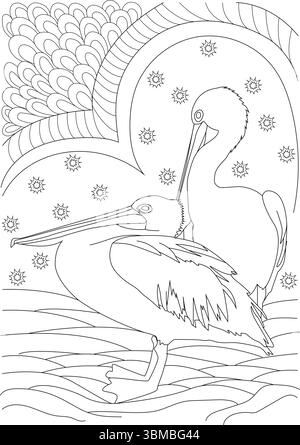 Illustration détaillée d'art au trait noir et blanc représentant deux pélicans debout dans l'eau avec des vagues stylisées. L'arrière-plan comprend une grande circulaire Illustration de Vecteur