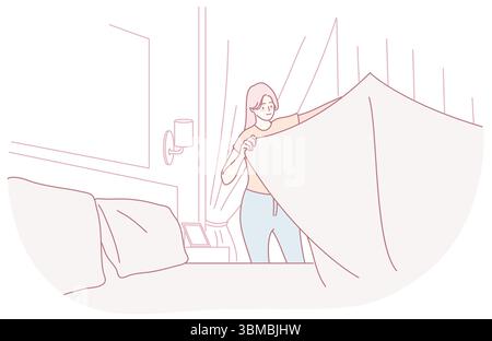 Une femme drape élégamment et gracieusement une couverture douce sur un canapé dans un espace de vie tranquille et serein Illustration de Vecteur