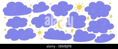 Crayon pastel nuages bleus et étoiles jaunes ensemble. Dessiné à la main nuage moelleux, soleil et lune gribouille dans le style des enfants. Illustration vectorielle Illustration de Vecteur