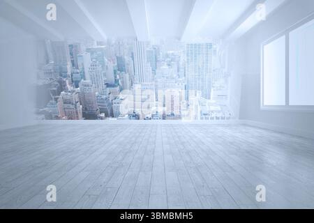 La chambre moderne vide est présentée dans un design plat, avec du parquet et une fenêtre panoramique Banque D'Images