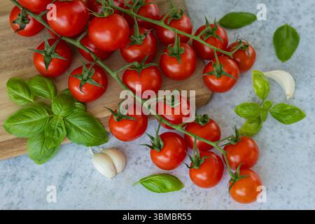 Tomates cerises fraîches sur la vigne avec des feuilles de basilic vert et des gousses d'ail sur fond clair, symbole de la cuisine italienne et une alimentation biologique saine Banque D'Images