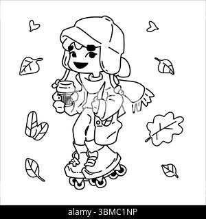 Page de coloriage des personnages Fall Roller. Dessin de contour d'un enfant en tenue d'automne patin à roulettes avec boisson à la main, entouré de feuilles qui tombent. BL Illustration de Vecteur