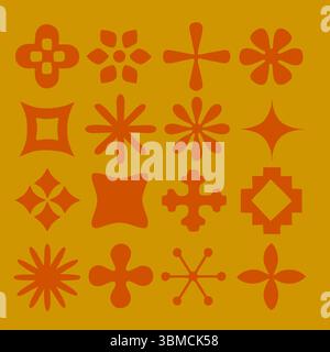 icônes florales abstraites rouges, formes de fleurs géométriques, symboles de pétales rétro, vecteur de fond orange, silhouettes audacieuses décoratives, design stylisé Banque D'Images