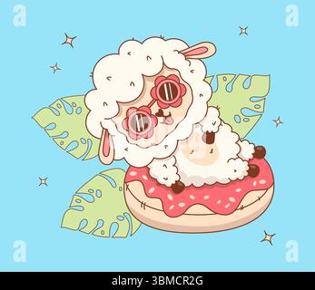 Mouton d'été mignon avec des lunettes de soleil flotte sur beignet gonflable. Beach Funny Farm animal. Joyeuses vacances de personnage de dessin animé kawaii. Illustration vectorielle. K Illustration de Vecteur