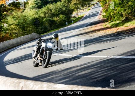 Un motocycliste expérimenté se penche dans un virage serré sur une route pittoresque bordée d'arbres, mettant en valeur la vitesse et le contrôle. Banque D'Images