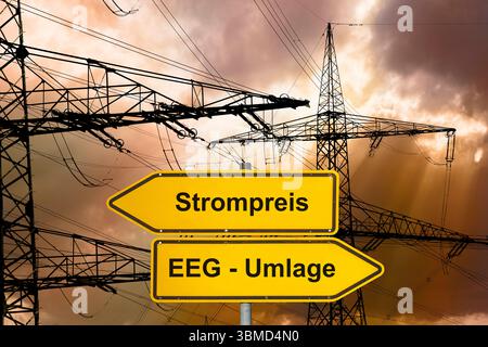 Strompreis und EEG-Umlage Vor vielen Strommasten mit dramatischen Wolken steht ein Wegweiser mit der Aufschrift Strompreis vs. EEG-Umlage - FOTOMONTAG Banque D'Images