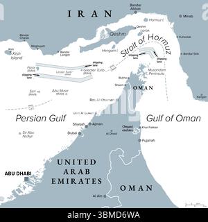 Détroit d'Ormuz, carte politique grise. Seul passage maritime du golfe Persique à la haute mer. L'un des points d'étranglement les plus importants sur le plan stratégique. Banque D'Images