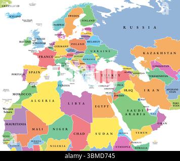 Europe, moyen-Orient et Afrique du Nord, carte politique colorée. Aperçu du continent européen, de la région géopolitique du moyen-Orient et de l'Afrique du Nord. Banque D'Images