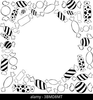 Candy Shop Lollipops bonbons colorés noir et blanc cadre cercle modèle rond. Illustration vectorielle d'encre de ligne graphique. Pour affiche, flyer, bannière, inv Illustration de Vecteur