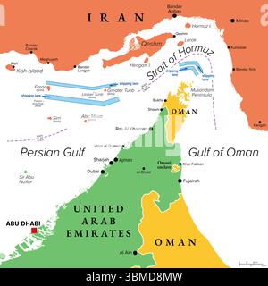 Détroit d'Ormuz, carte politique colorée montrant les voies de navigation. Passage maritime du golfe Persique à l'océan ouvert. Banque D'Images