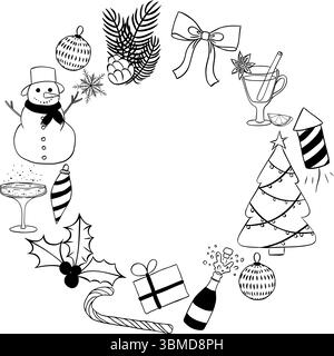 Objets de vacances du nouvel an de Noël, symboles et articles en noir et blanc. Cadre cercle modèle rond. Illustration vectorielle d'encre de ligne graphique. Parfait pour Illustration de Vecteur