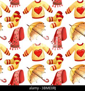 Modèle sans couture de l'illustration de vêtements d'automne. Chandails dessinés à la main à l'aquarelle, chaussettes, foulards et accessoires sur fond blanc. Banque D'Images