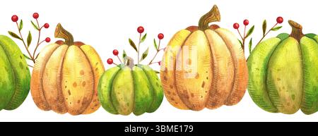 Bordure sans couture avec des citrouilles d'automne à l'aquarelle sur fond blanc. Illustration dessinée à la main pour votre conception, impression, textile Banque D'Images