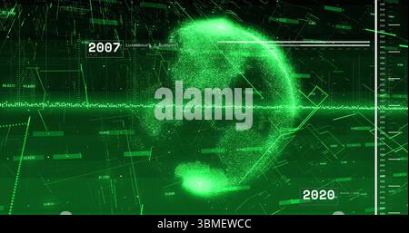 Affichage de la silhouette de tête verte à base de particules émergeant dans une matrice numérique, avec des étiquettes de grille et de données. Futuriste, visualisation, numérique, technologie, ab Banque D'Images